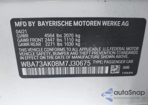2021 BMW 228Xi z USA, uszkodzony, nr VIN WBA73AK08M7J30675